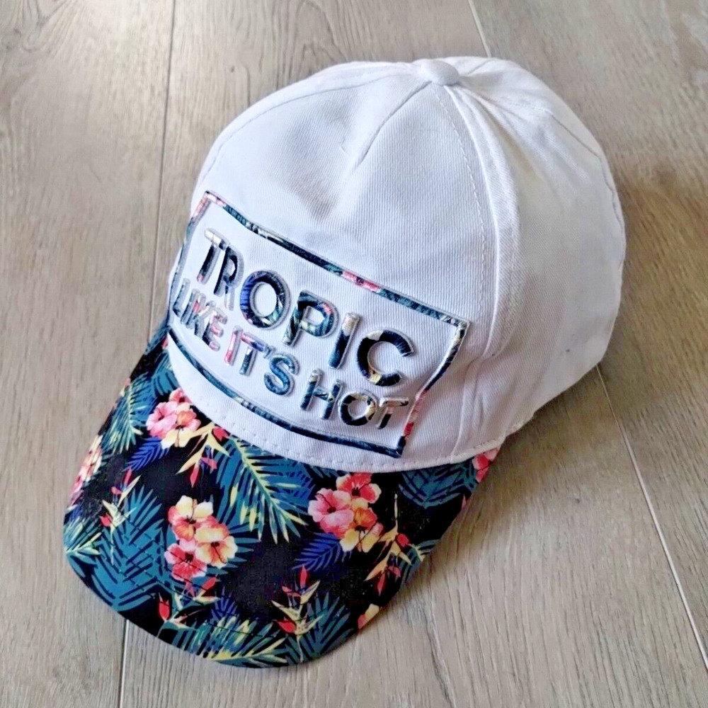 Tropic Like It's Hot Hat Baseball Dad Cap White Hawaiian Floral Print Cotton